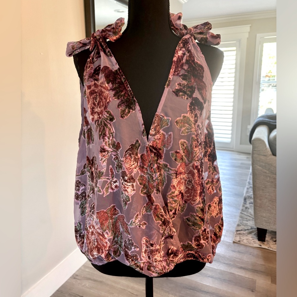 Free People Tied To You Velvet Rose Floral Tank Sheer Purple Romantic XL Cute